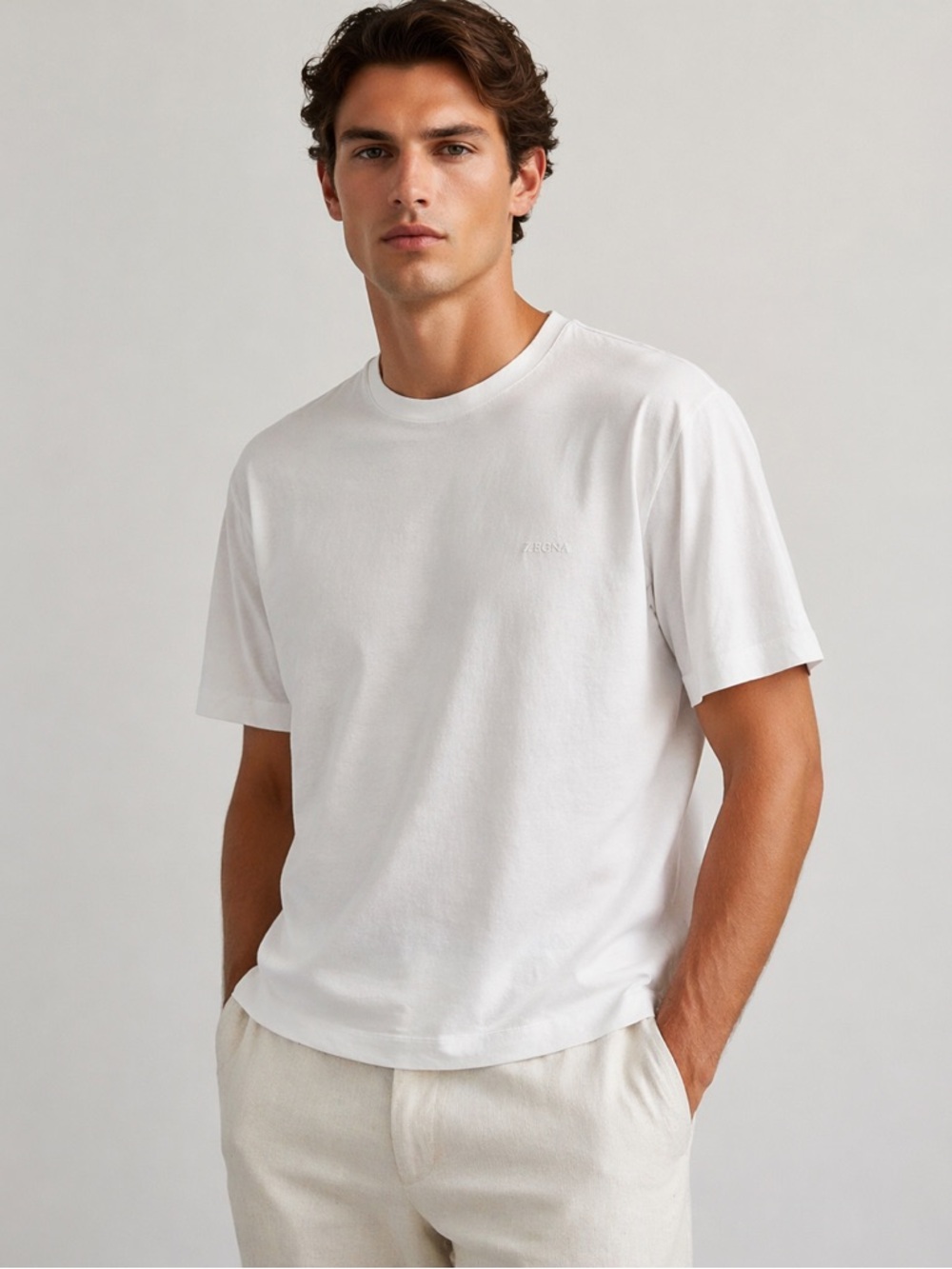 Zegna Logo White Cotton T Shirt- Men’s Medium